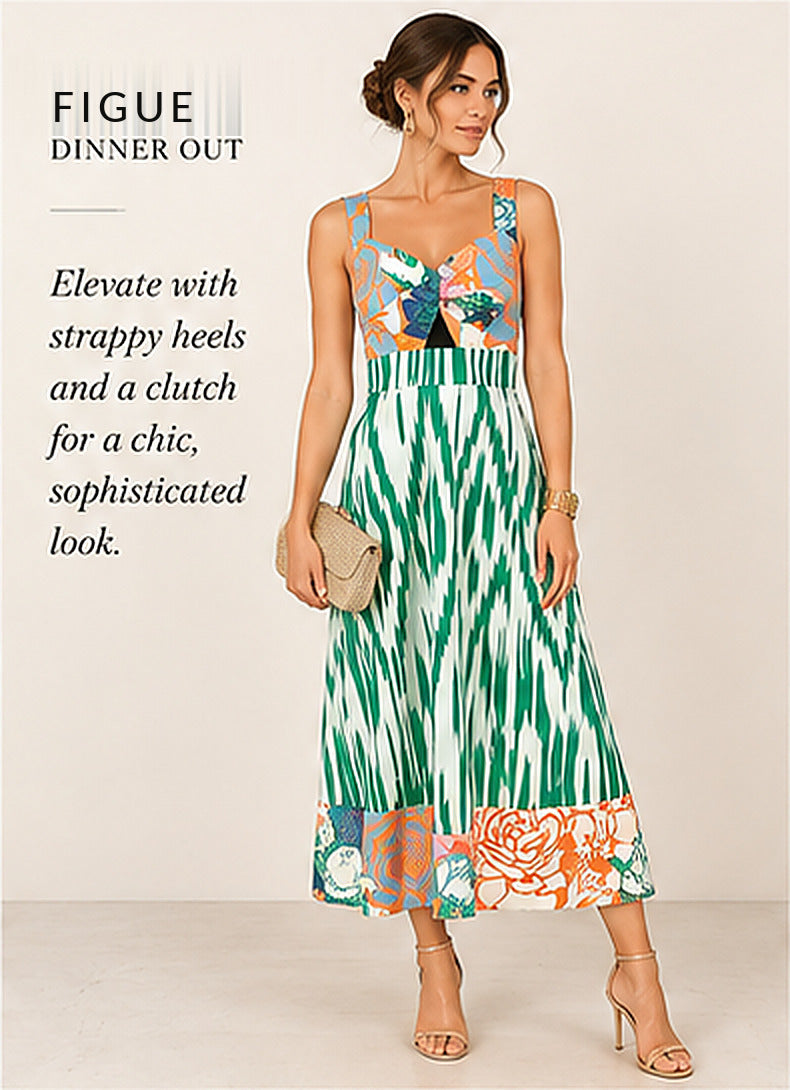 Figue Green/Orange Mixed-Print Ikat Cotton Dress – styled editorial look 2
