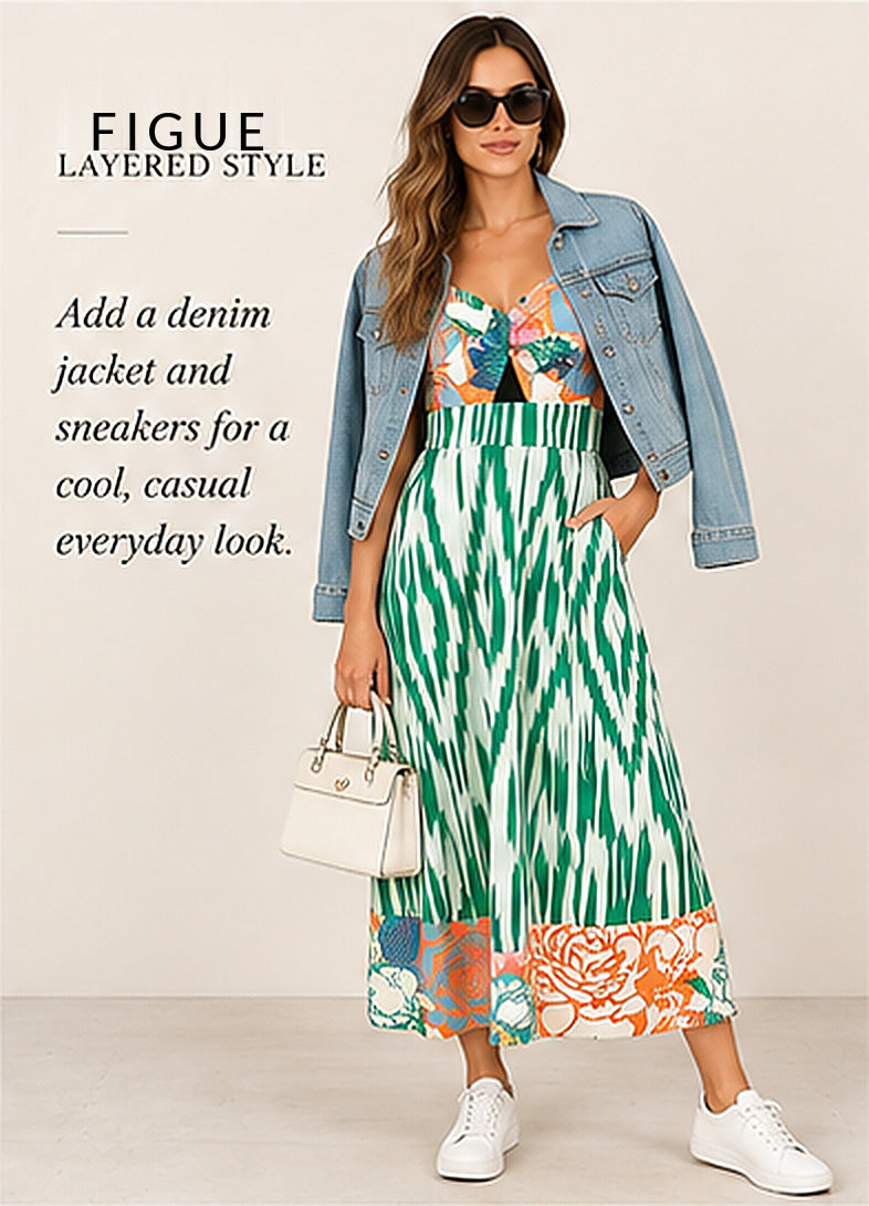 Figue Green/Orange Mixed-Print Ikat Cotton Dress – styled editorial look 3
