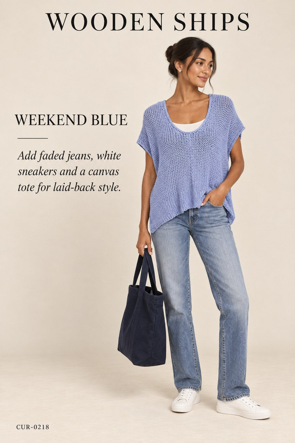 Wooden Ships Maui V Tee Cotton Sweater – Arctic Blue – styled editorial look 2