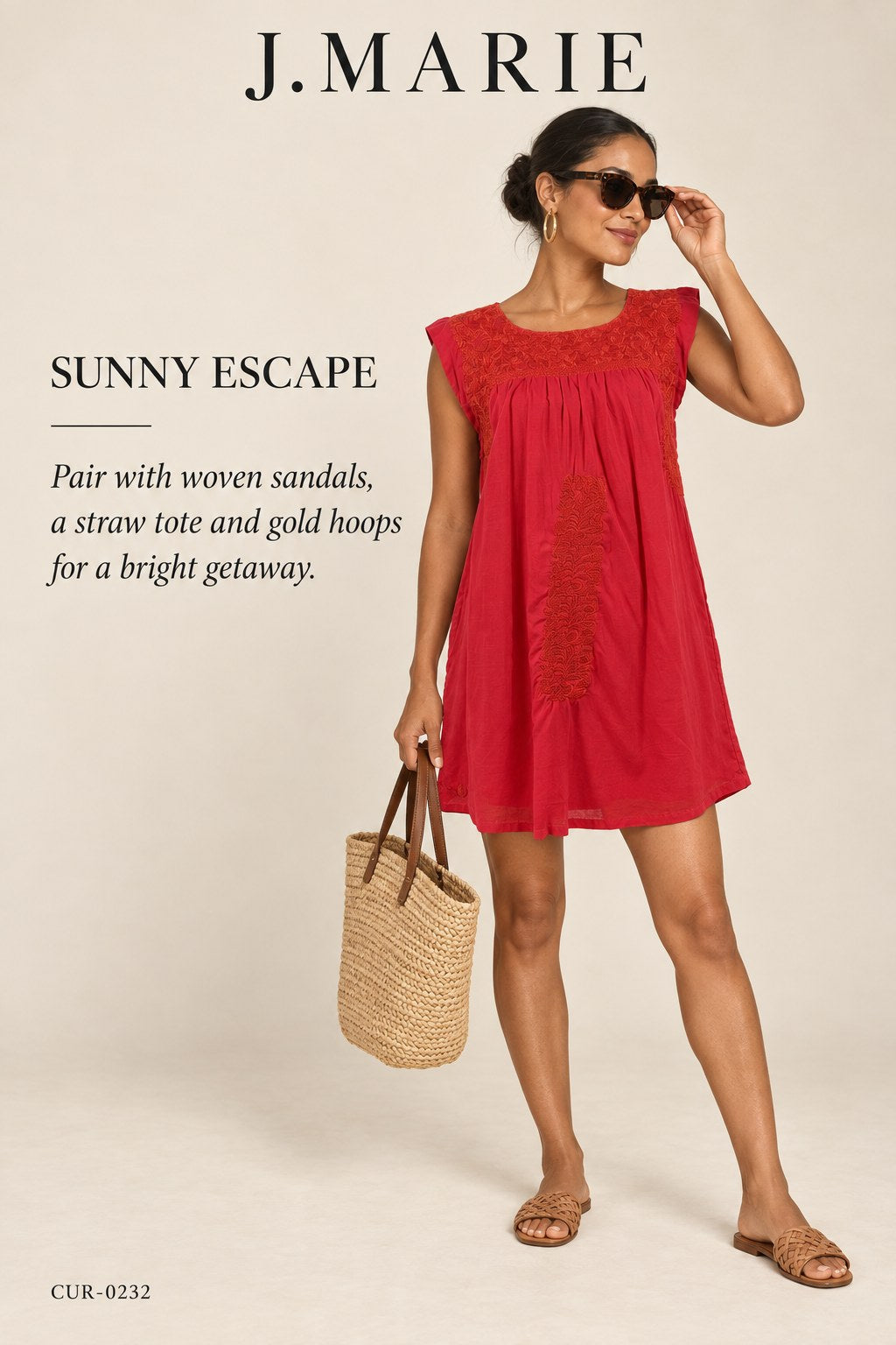 J.Marie Embroidered Shift Dress – Red – styled editorial look 1