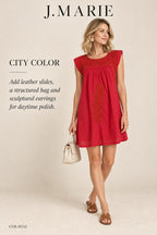 J.Marie Embroidered Shift Dress – Red – styled editorial look 2