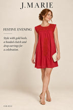 J.Marie Embroidered Shift Dress – Red – styled editorial look 3