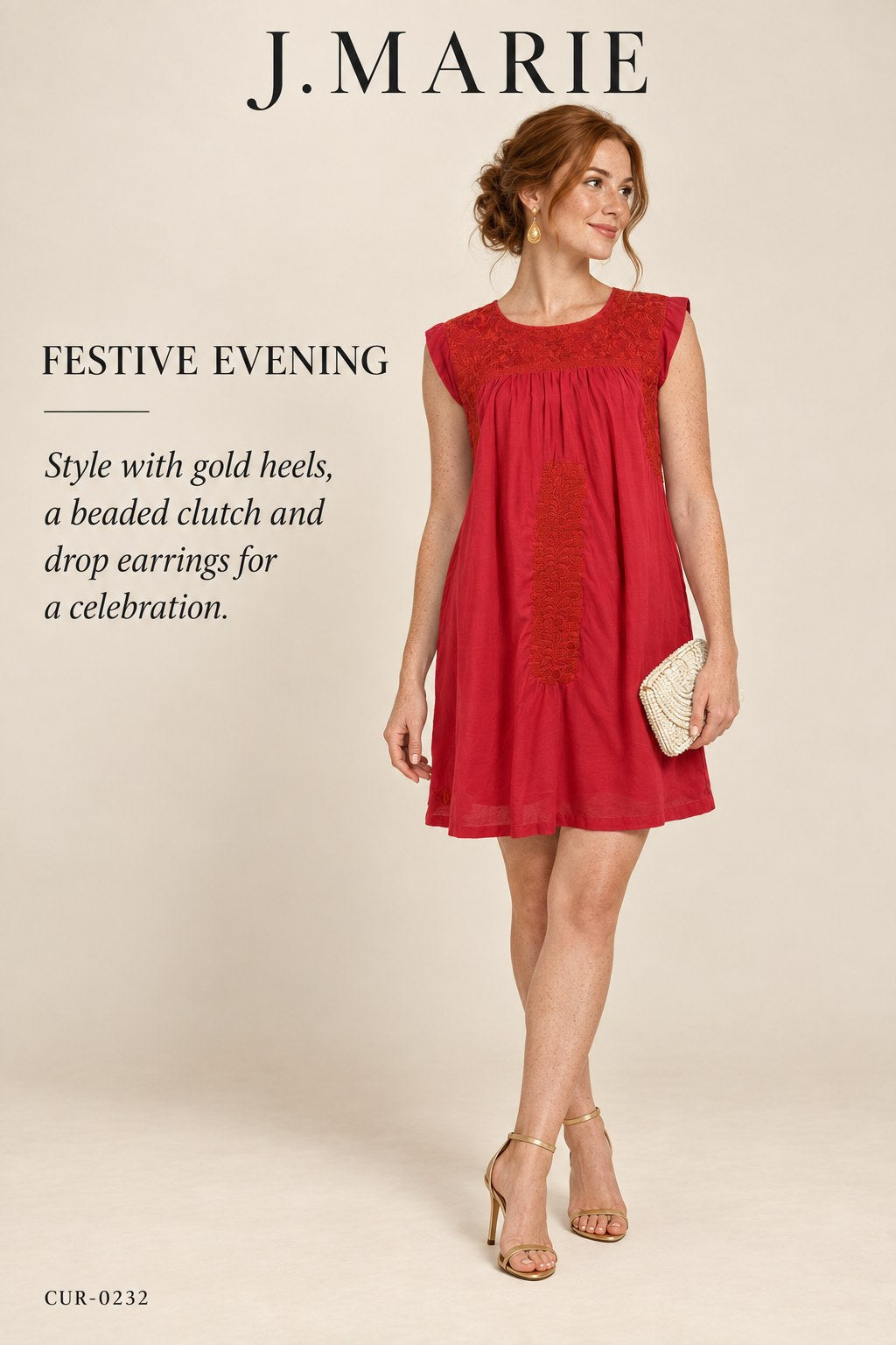J.Marie Embroidered Shift Dress – Red – styled editorial look 3