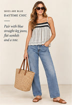 Skies Are Blue Striped Embroidered-Neck Tank – styled editorial look 1