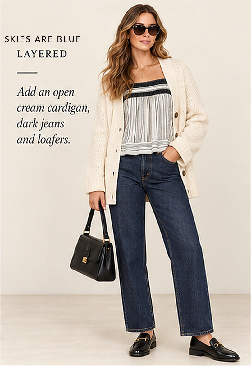 Skies Are Blue Striped Embroidered-Neck Tank – styled editorial look 3