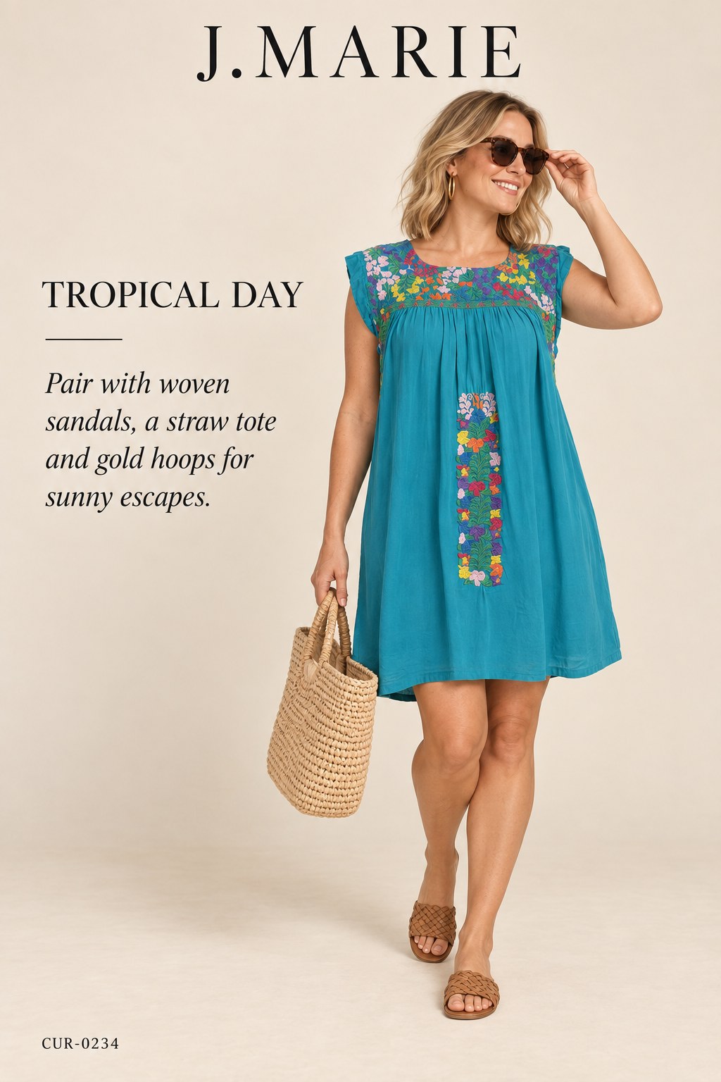 J.Marie Embroidered Tunic Dress – Turquoise – styled editorial look 1
