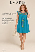 J.Marie Embroidered Tunic Dress – Turquoise – styled editorial look 2