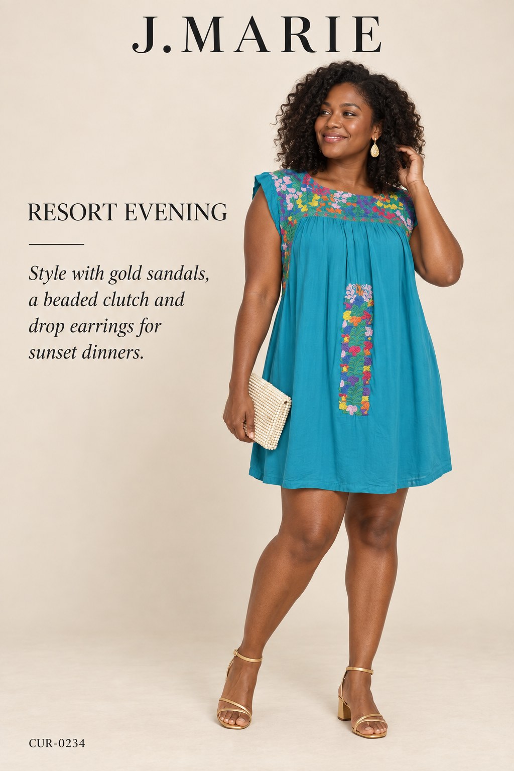 J.Marie Embroidered Tunic Dress – Turquoise – styled editorial look 3