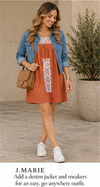 J.Marie Rainey Oaxaca Embroidered Tunic Dress – Burnt Orange – styled editorial look 2