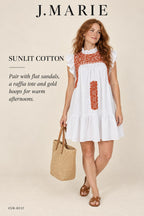 J.Marie Noel Dress – White with Rust Embroidery – styled editorial look 1