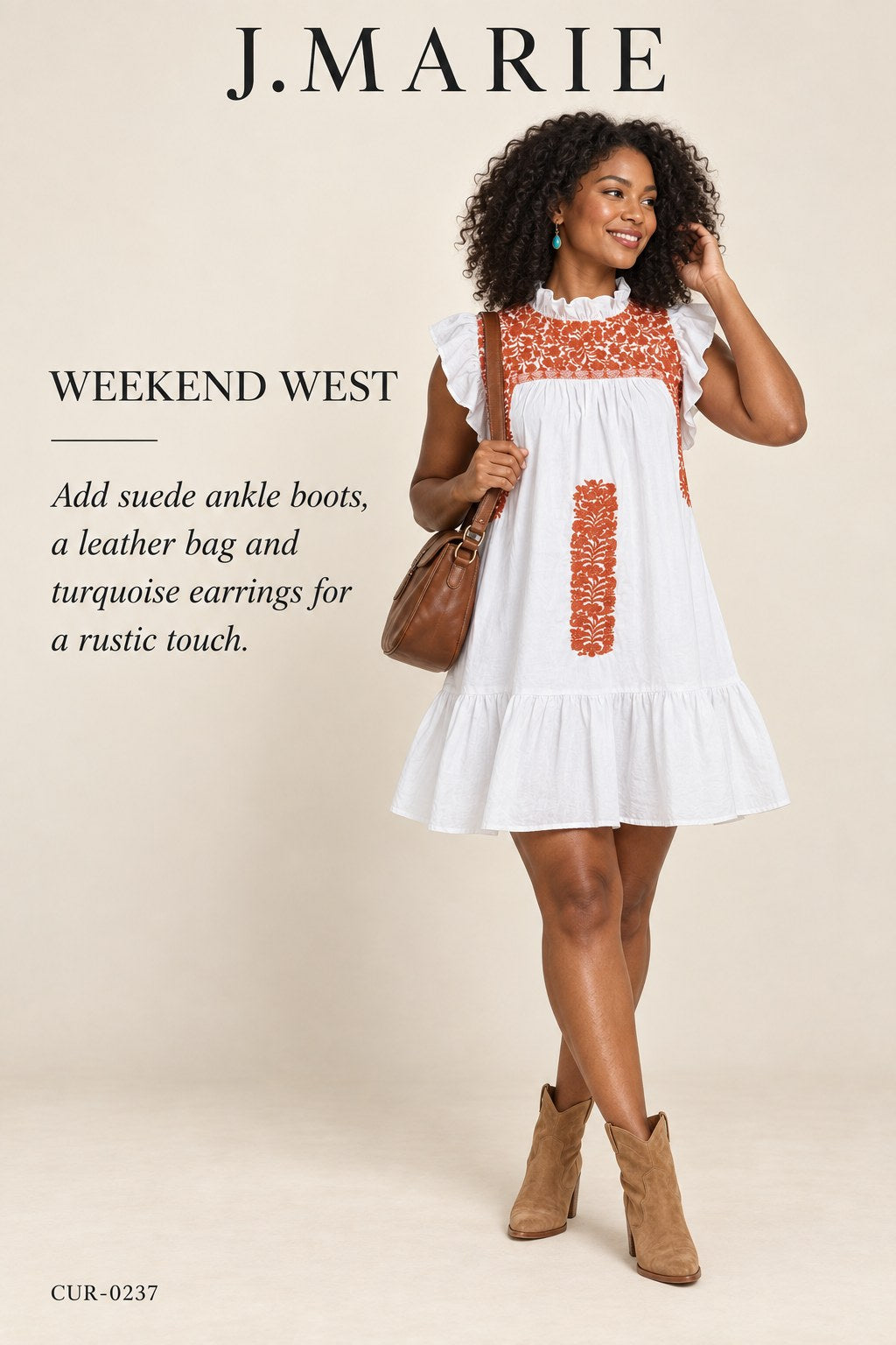 J.Marie Noel Dress – White with Rust Embroidery – styled editorial look 2