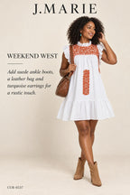 J.Marie Noel Dress – White with Rust Embroidery – styled editorial look 2