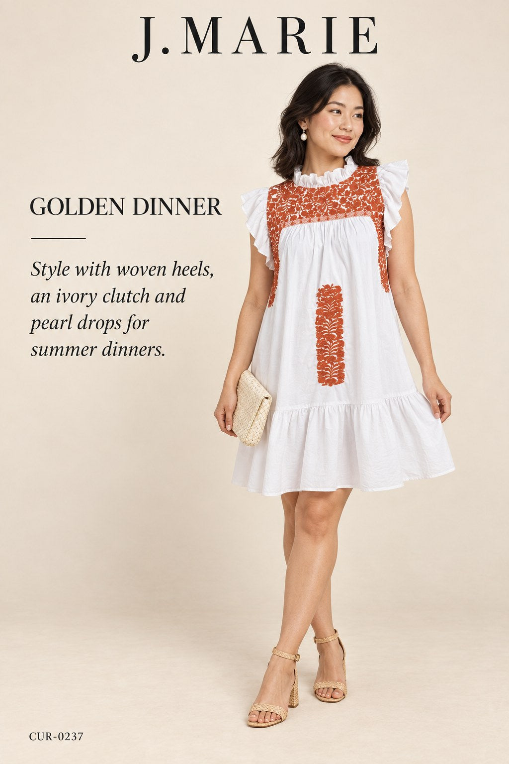J.Marie Noel Dress – White with Rust Embroidery – styled editorial look 3