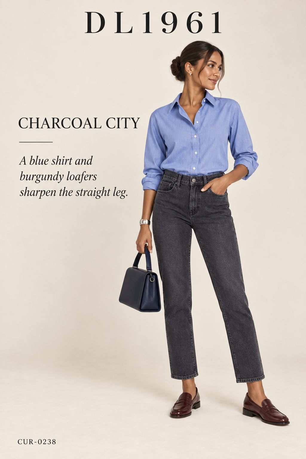 DL1961 Halle Straight Jean – styled editorial look 2: Charcoal City