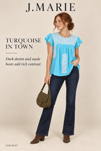 J.Marie Turquoise & White Embroidered Top — styling illustration