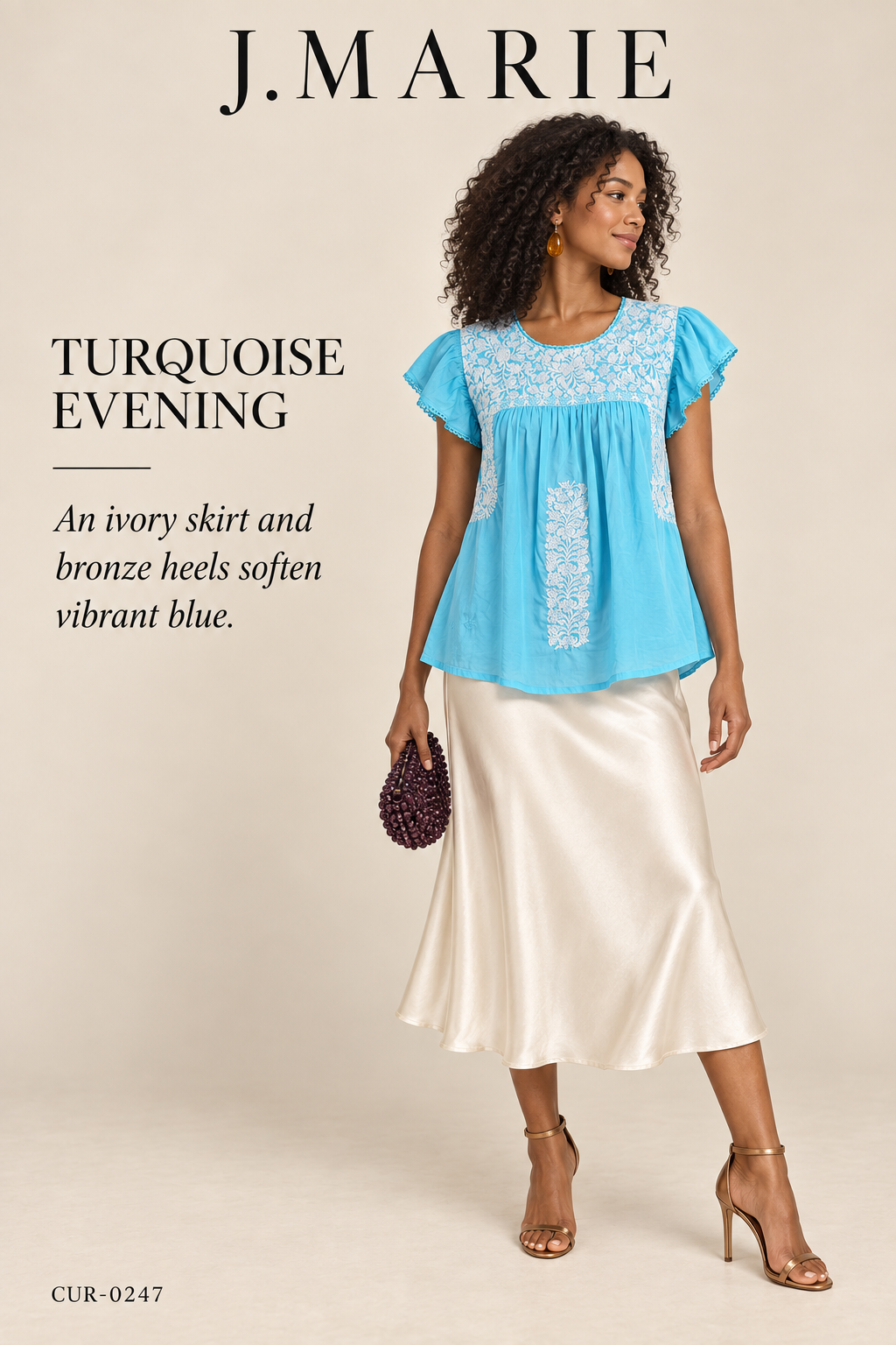J.Marie Turquoise & White Embroidered Top — styling illustration