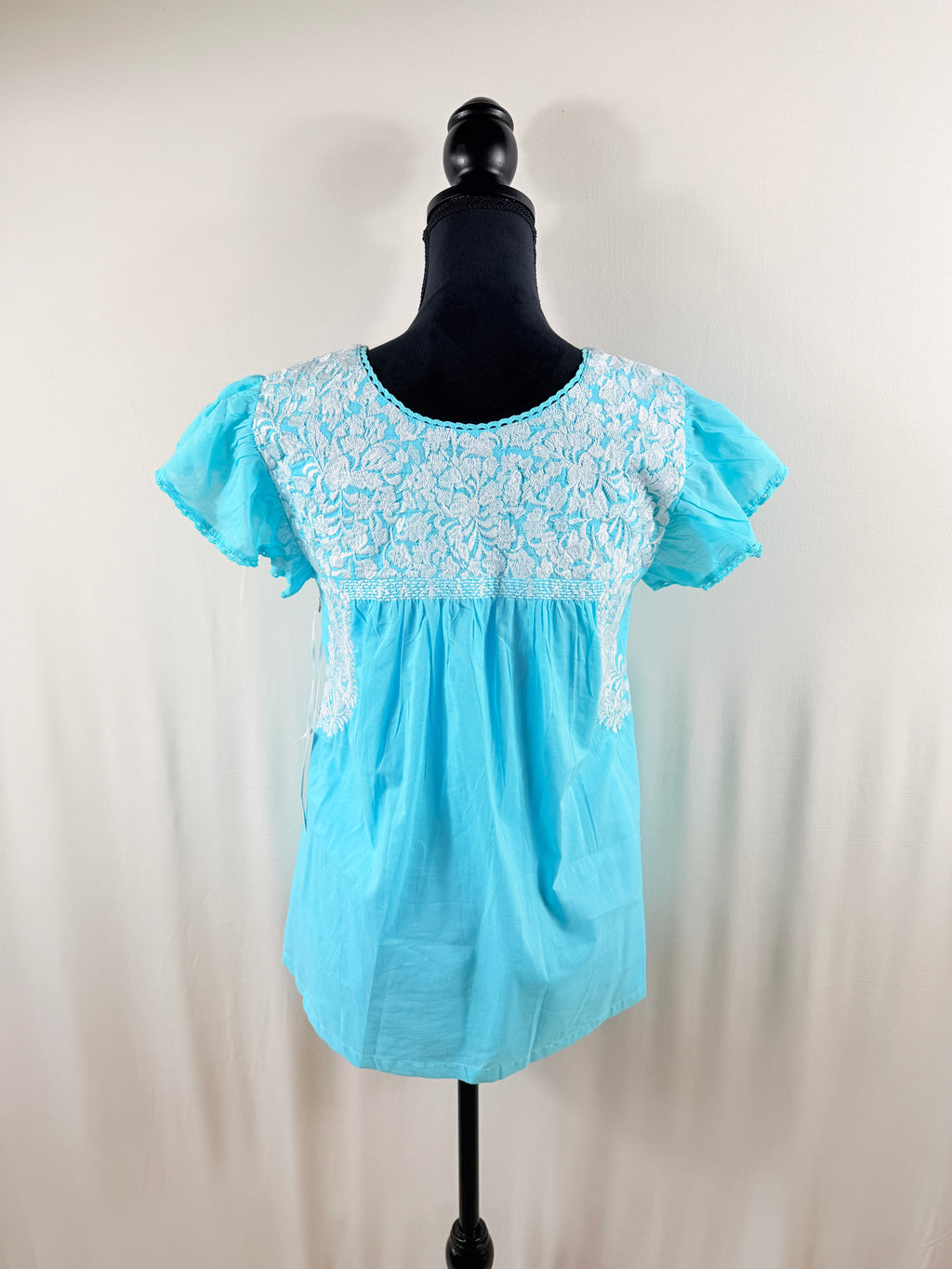 J.Marie Turquoise & White Embroidered Top — front, second view