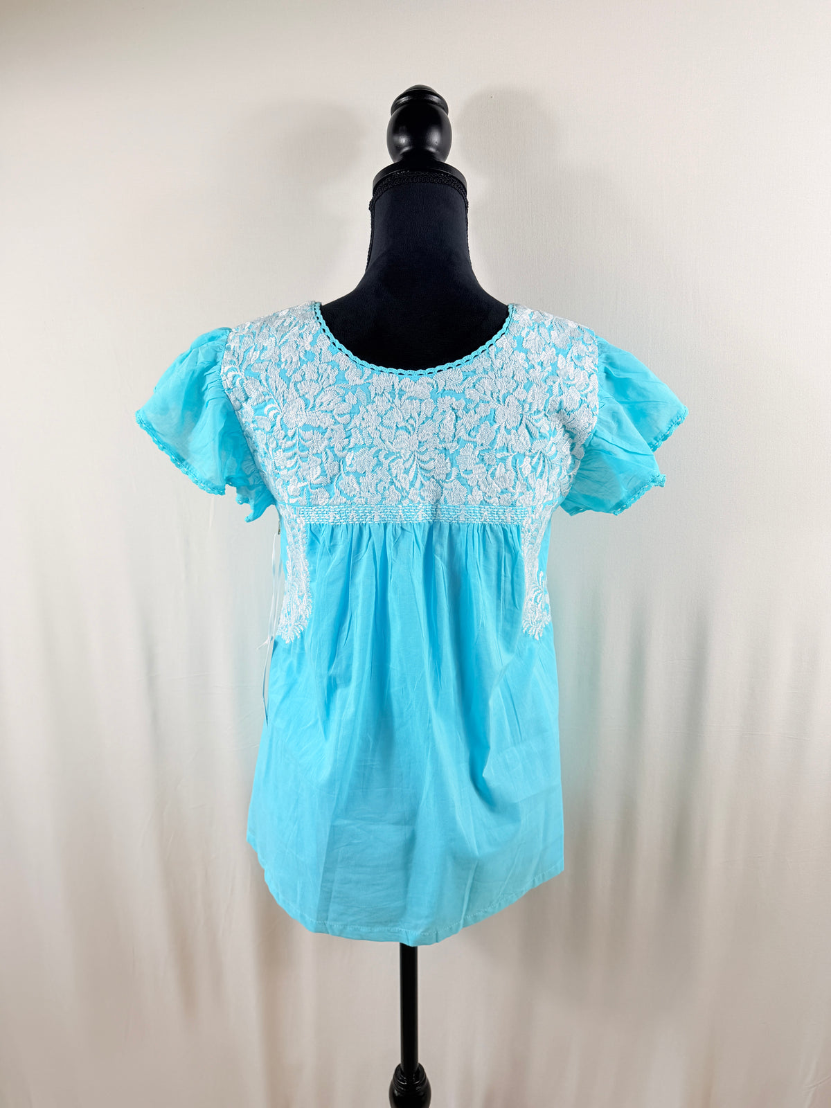J.Marie Turquoise & White Embroidered Top — front, second view