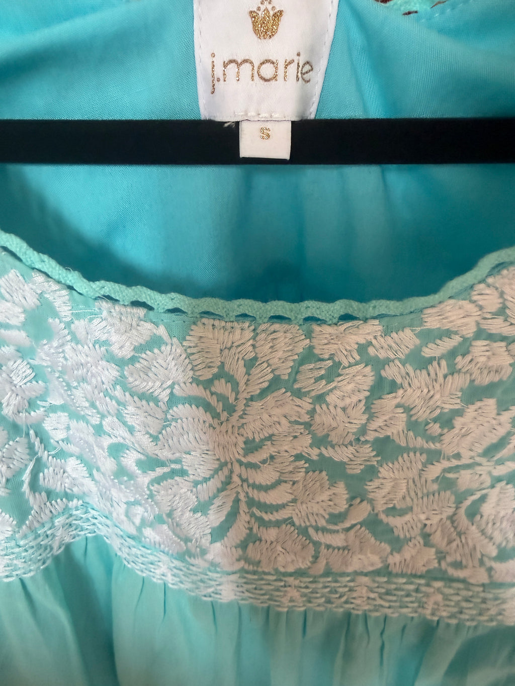 J.Marie Turquoise & White Embroidered Top — care label