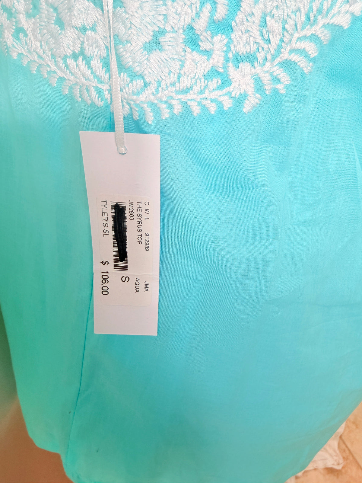 J.Marie Turquoise & White Embroidered Top — brand tag