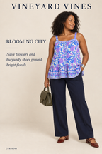 Vineyard Vines Blue & Pink Printed Sleeveless Button-Down Tie-Neck Top — styling illustration