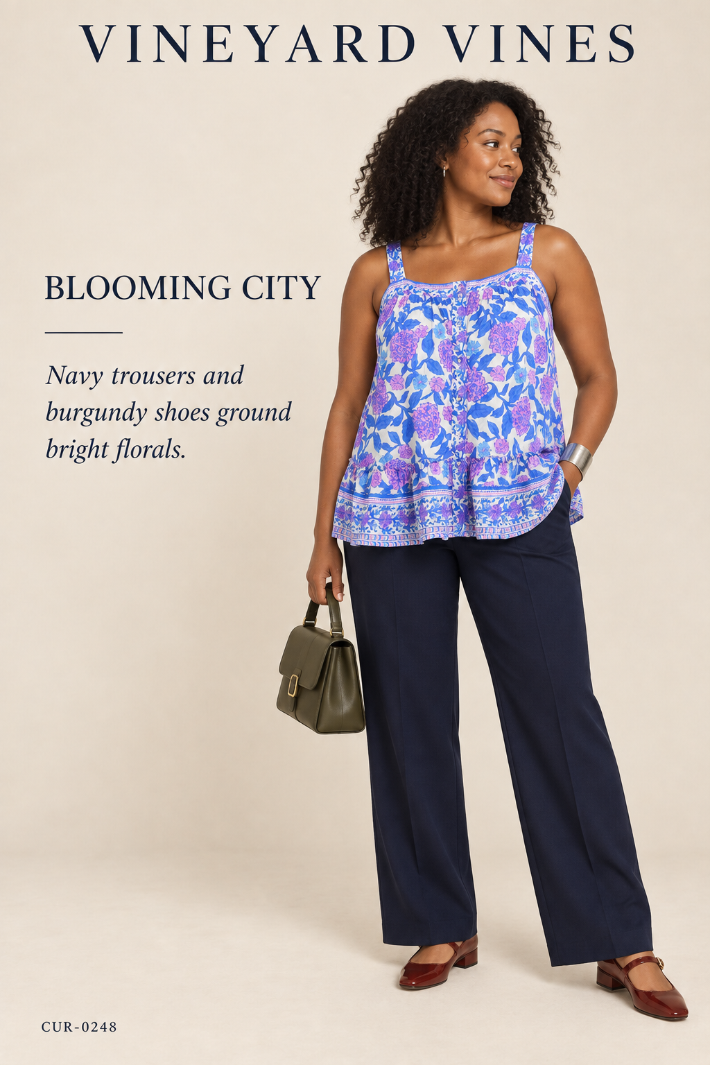 Vineyard Vines Blue & Pink Printed Sleeveless Button-Down Tie-Neck Top — styling illustration