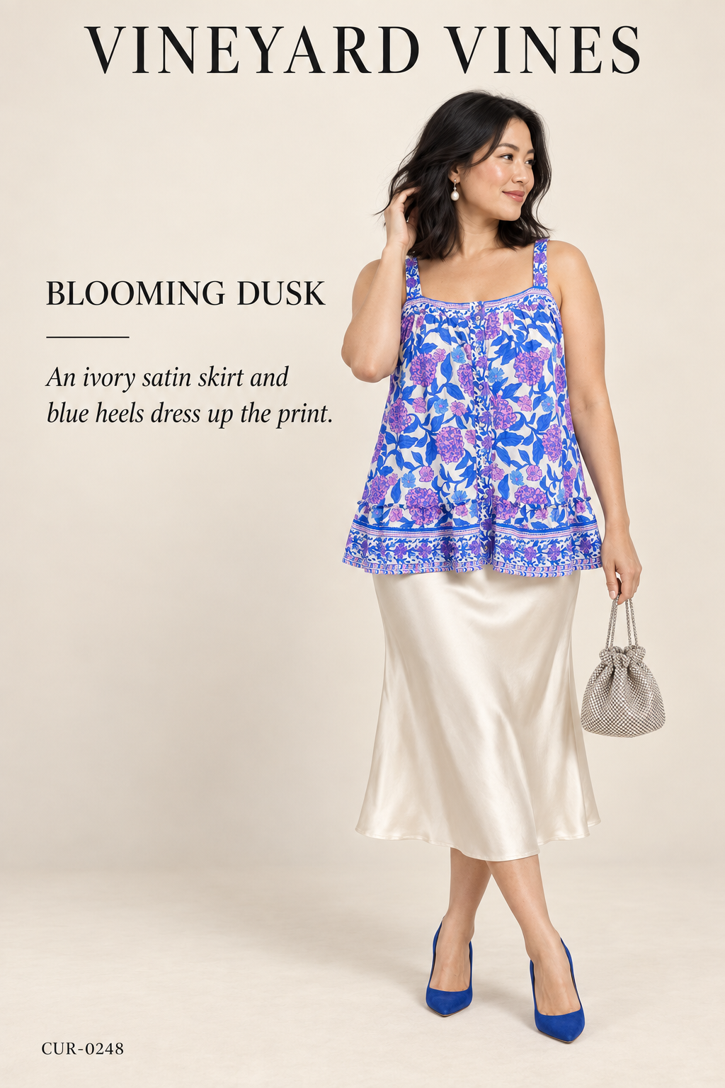 Vineyard Vines Blue & Pink Printed Sleeveless Button-Down Tie-Neck Top — styling illustration