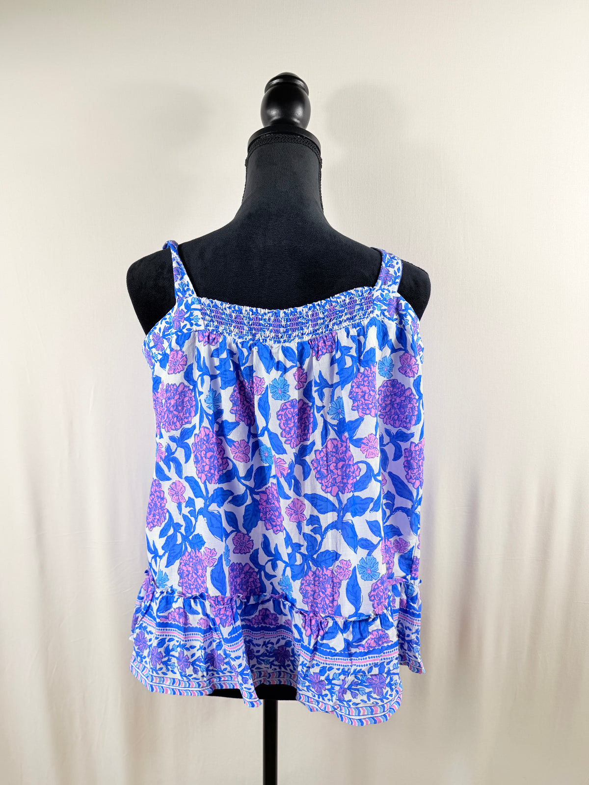 Vineyard Vines Blue & Pink Printed Sleeveless Button-Down Tie-Neck Top — back