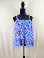 Vineyard Vines Blue & Pink Printed Sleeveless Button-Down Tie-Neck Top — front