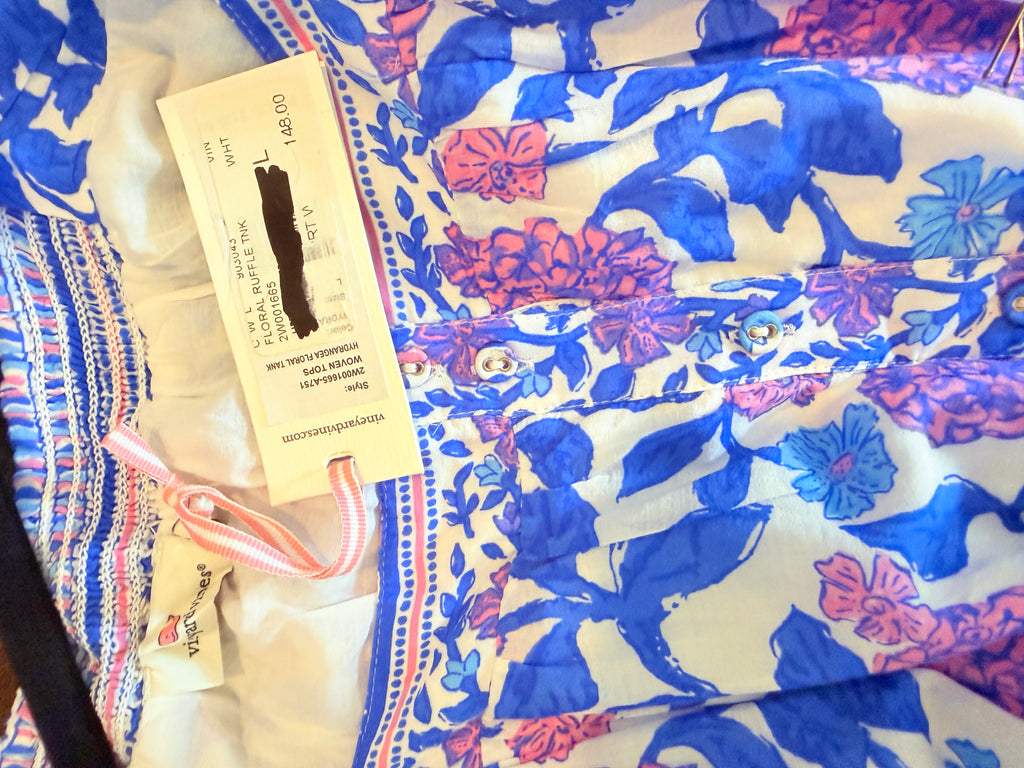 Vineyard Vines Blue & Pink Printed Sleeveless Button-Down Tie-Neck Top — brand tag