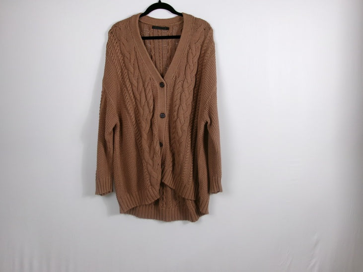 Jenni Kayne Cable-Knit V-Neck Cotton Cardigan – Dark Camel – front