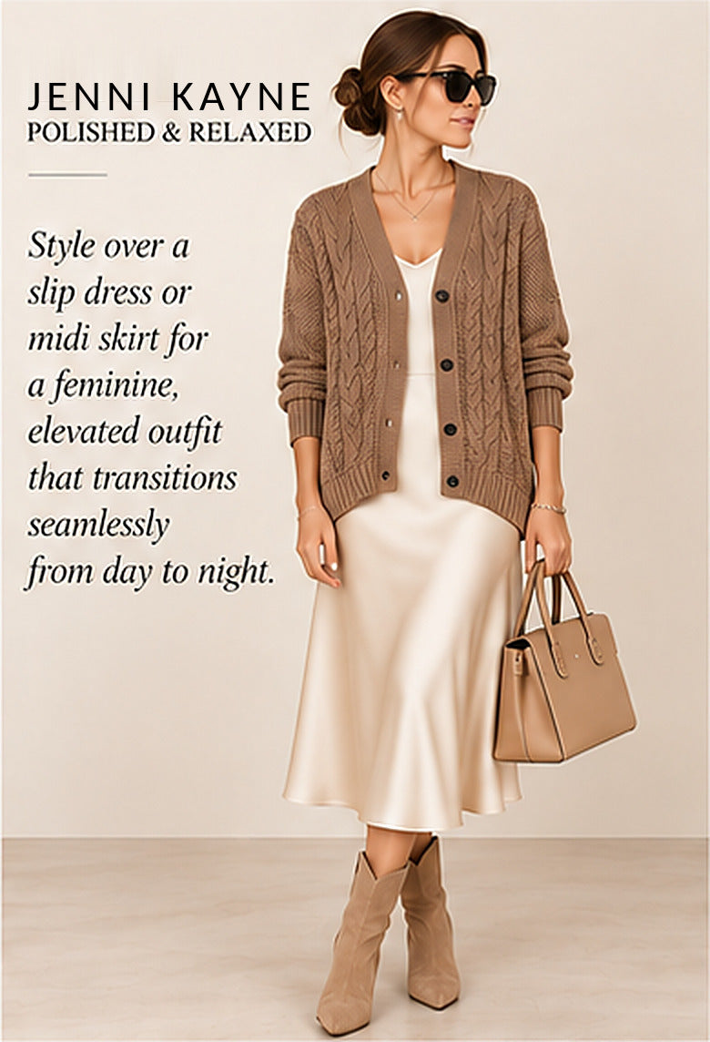 Jenni Kayne Cable-Knit V-Neck Cotton Cardigan – Dark Camel – styled editorial look 2