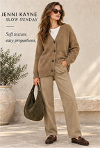 Jenni Kayne Alpaca V-Neck Button-Front Cardigan – Camel – styled editorial look 1