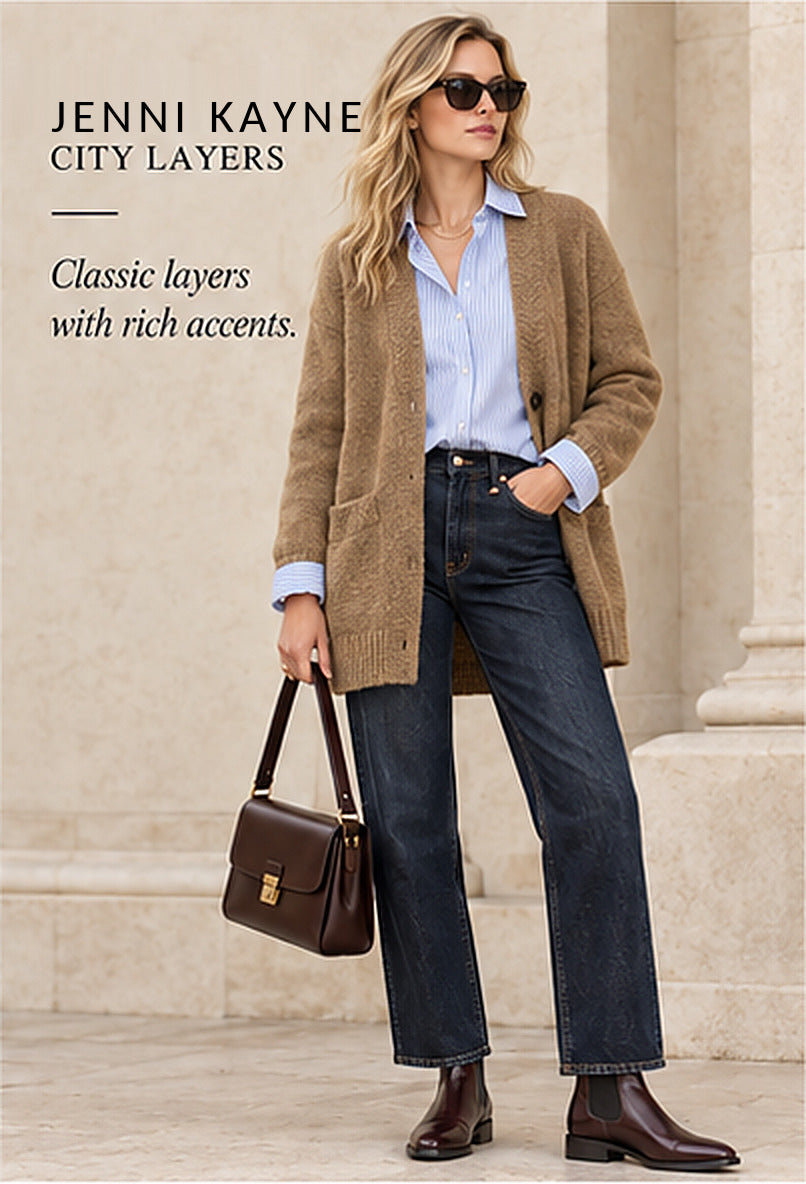 Jenni Kayne Alpaca V-Neck Button-Front Cardigan – Camel – styled editorial look 3