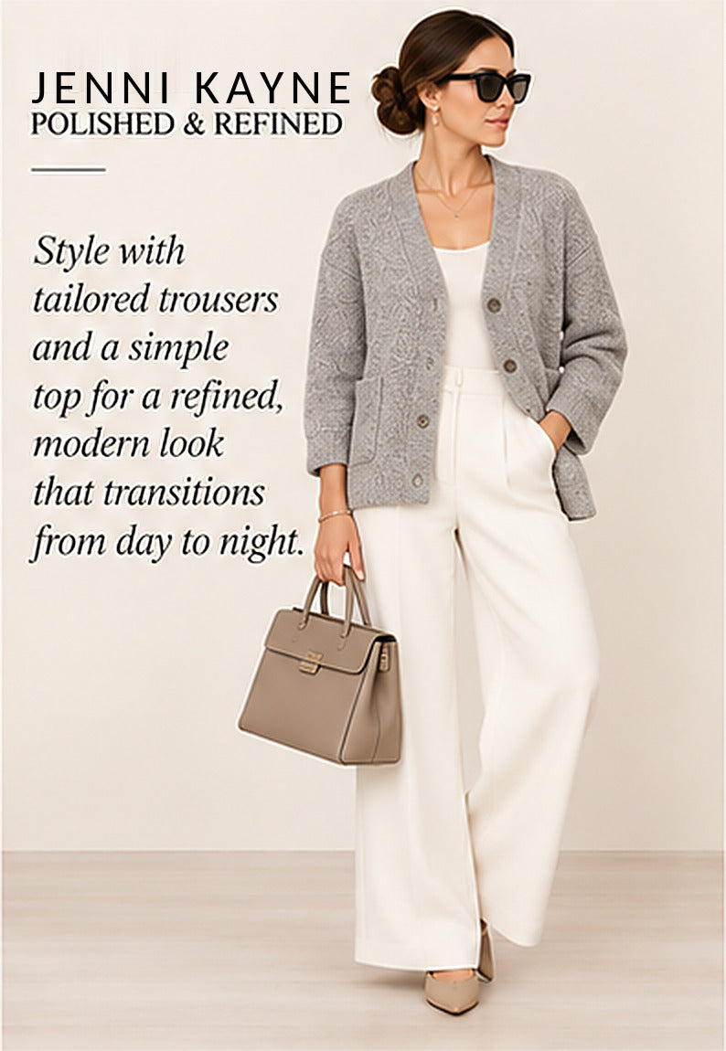 Jenni Kayne Bouclé V-Neck Button-Front Cardigan – Grey – styled editorial look 2