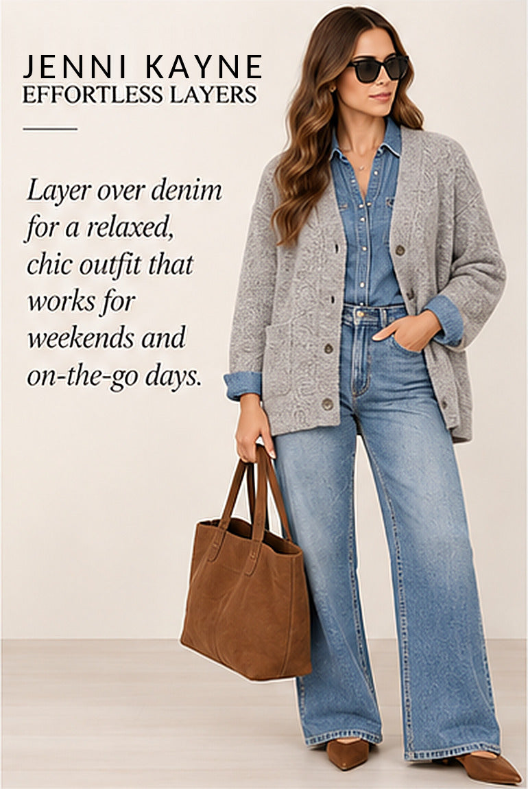 Jenni Kayne Bouclé V-Neck Button-Front Cardigan – Grey – styled editorial look 3