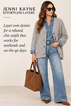 Jenni Kayne Bouclé V-Neck Button-Front Cardigan – Grey – styled editorial look 3