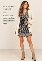 Bell by Alicia Bell Printed Ruffle-Shoulder Mini Dress – styled editorial look 3
