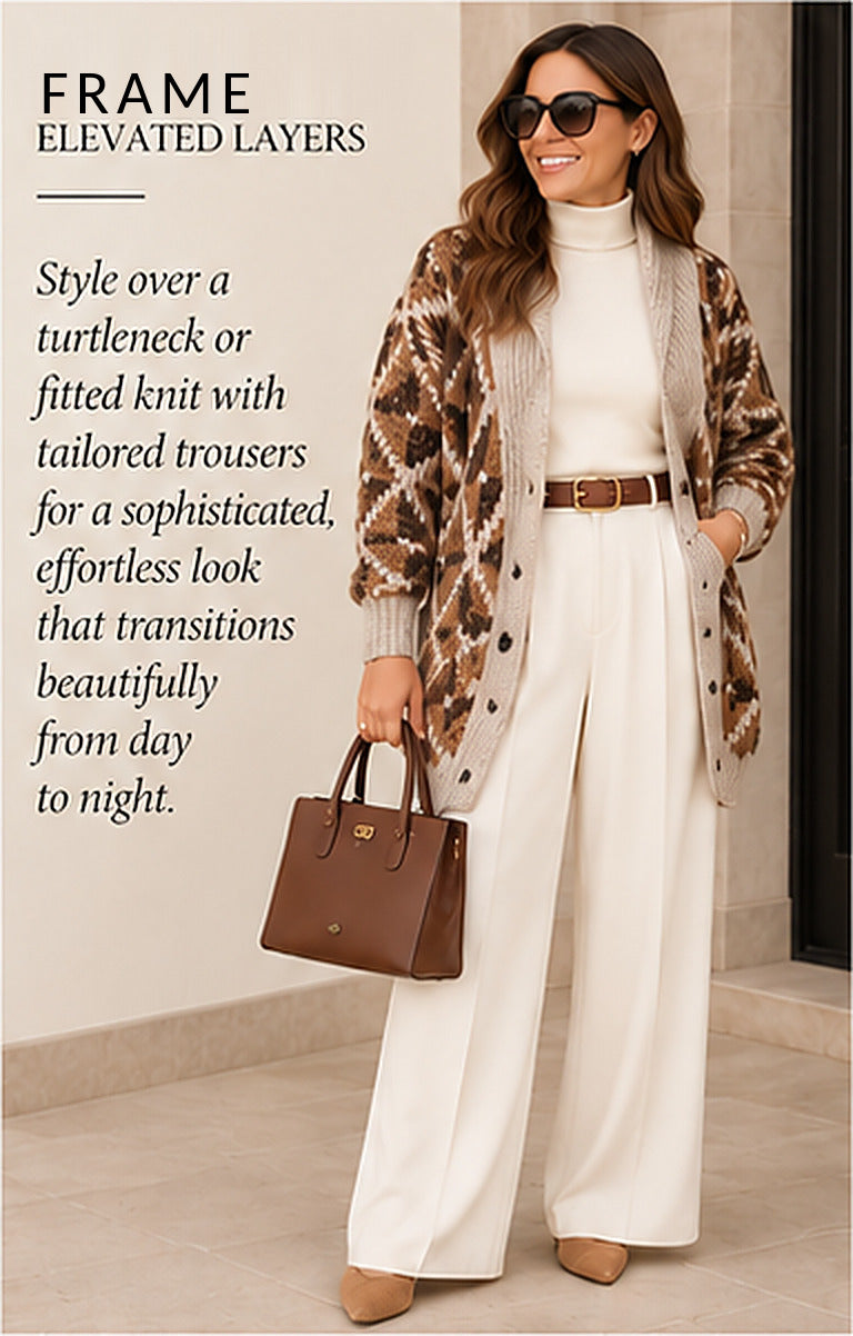 FRAME Grandfather Shawl Cardigan – Cream Multi – styled editorial look 2