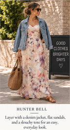 Hunter Bell Watercolor Print Maxi Gown – styled editorial look 1