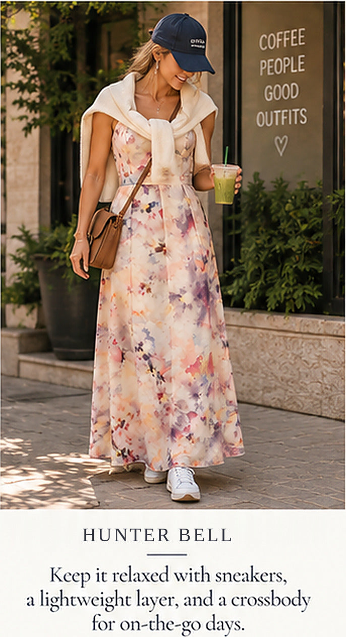 Hunter Bell Watercolor Print Maxi Gown – styled editorial look 2