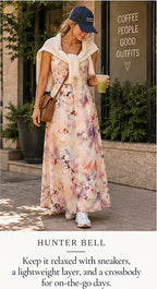 Hunter Bell Watercolor Print Maxi Gown – styled editorial look 2