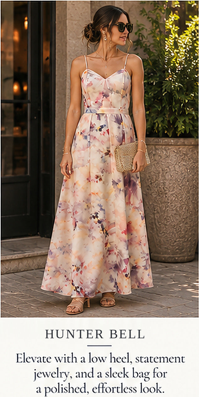 Hunter Bell Watercolor Print Maxi Gown – styled editorial look 3