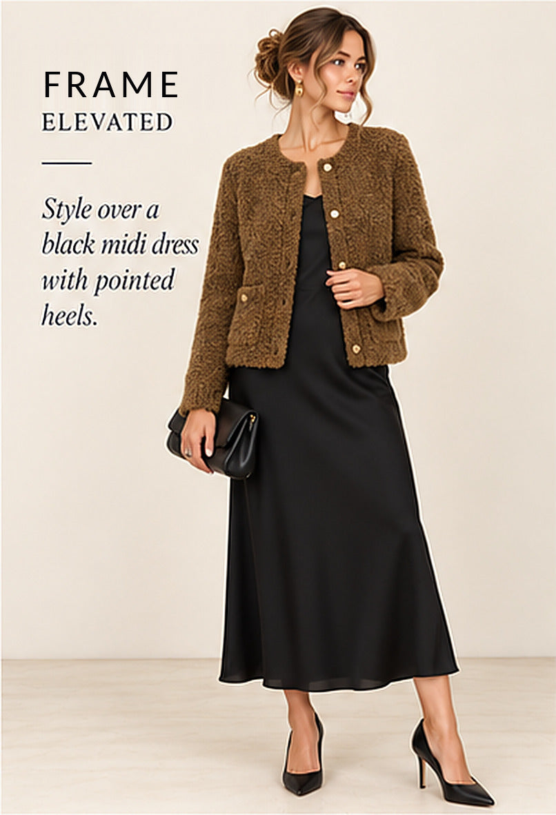 FRAME Faux Fur Collarless Jacket – Brown – styled editorial look 2