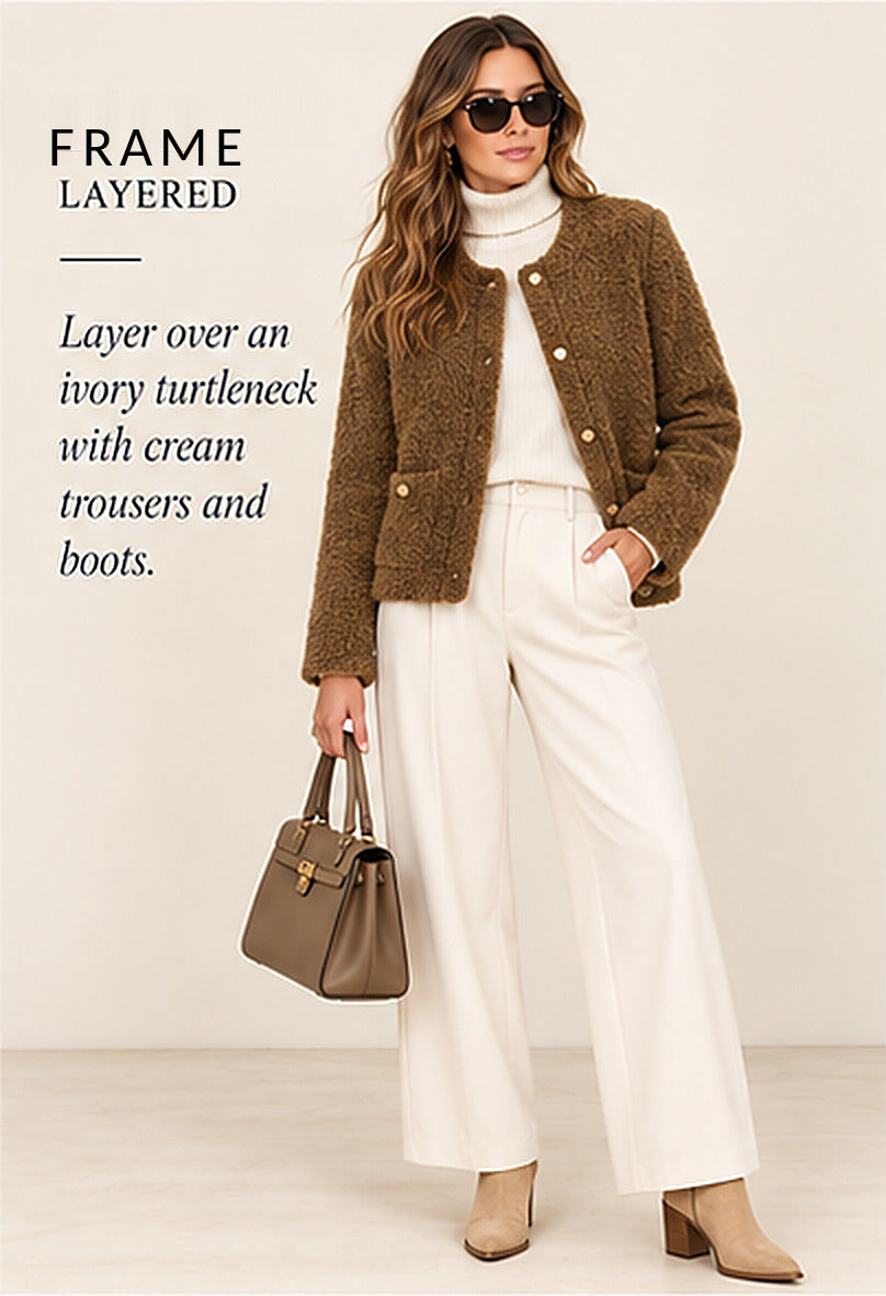 FRAME Faux Fur Collarless Jacket – Brown – styled editorial look 3