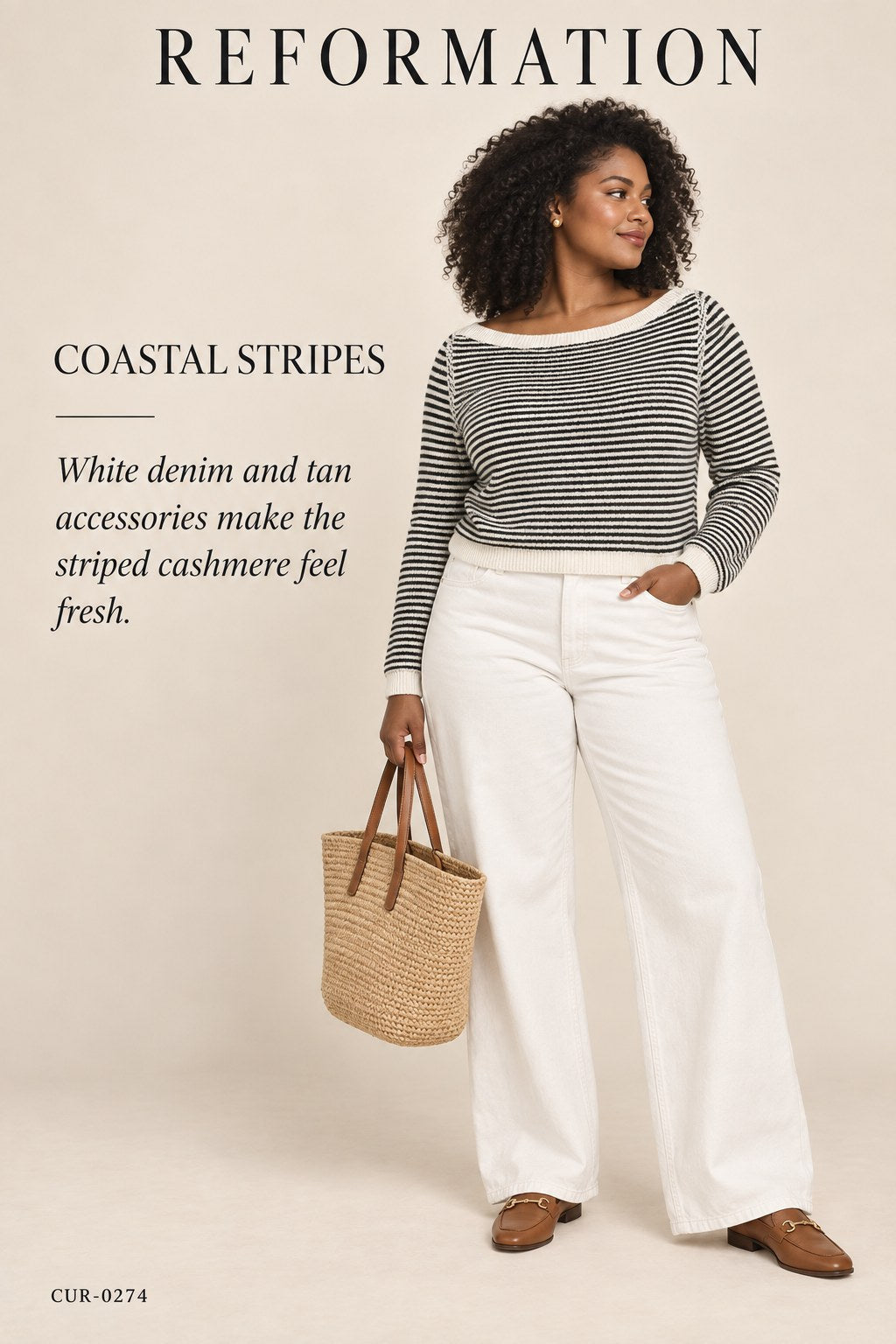 Reformation Cashmere Striped Cropped Bateau Sweater – Blue/White