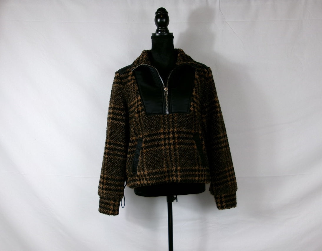 Veronica Beard Faux Fur Plaid Half-Zip Jacket – front