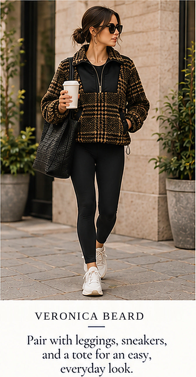 Veronica Beard Faux Fur Plaid Half-Zip Jacket – styled editorial look 1