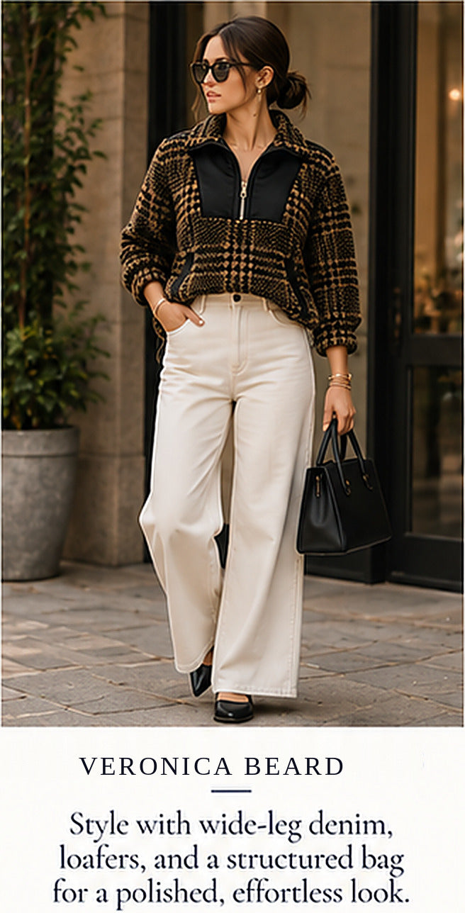 Veronica Beard Faux Fur Plaid Half-Zip Jacket – styled editorial look 2