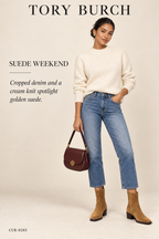 Tory Burch Western Suede Ankle Boots – Rhum – styled editorial look 1: Suede Weekend